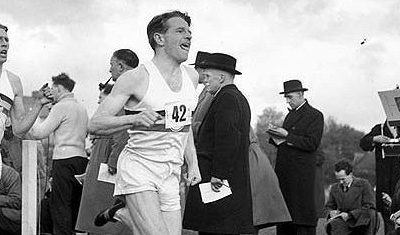 black and white image showing Roger Bannister and Chris Chataway running 4 minute mile