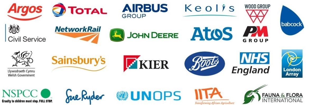 collection of logos of top brands worked with argos, total, airbus, keolis, wood group, babcock, civil service, network rail, john deere, atos, PM roup, welsh government, sainsburys, kier, boots, NHS, London Array, NSPCC, Sue Ryder, UN OPS, IITA, Fauna and Flora international.